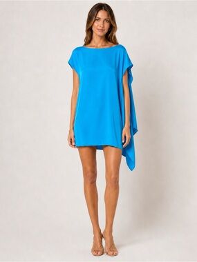 Ramy Brook Blue One Shoulder Tunic Mini Dress Size S Resort Caftan Silky